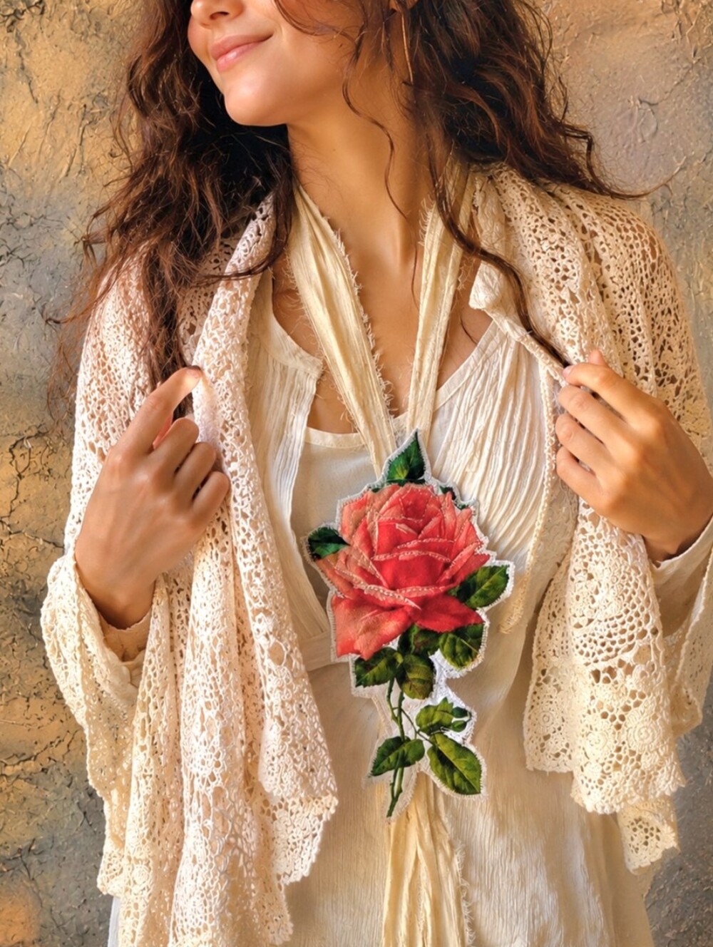Cottage Bowtie Large English Rose Jabot Vintage Lace Linen Romantic Botanical